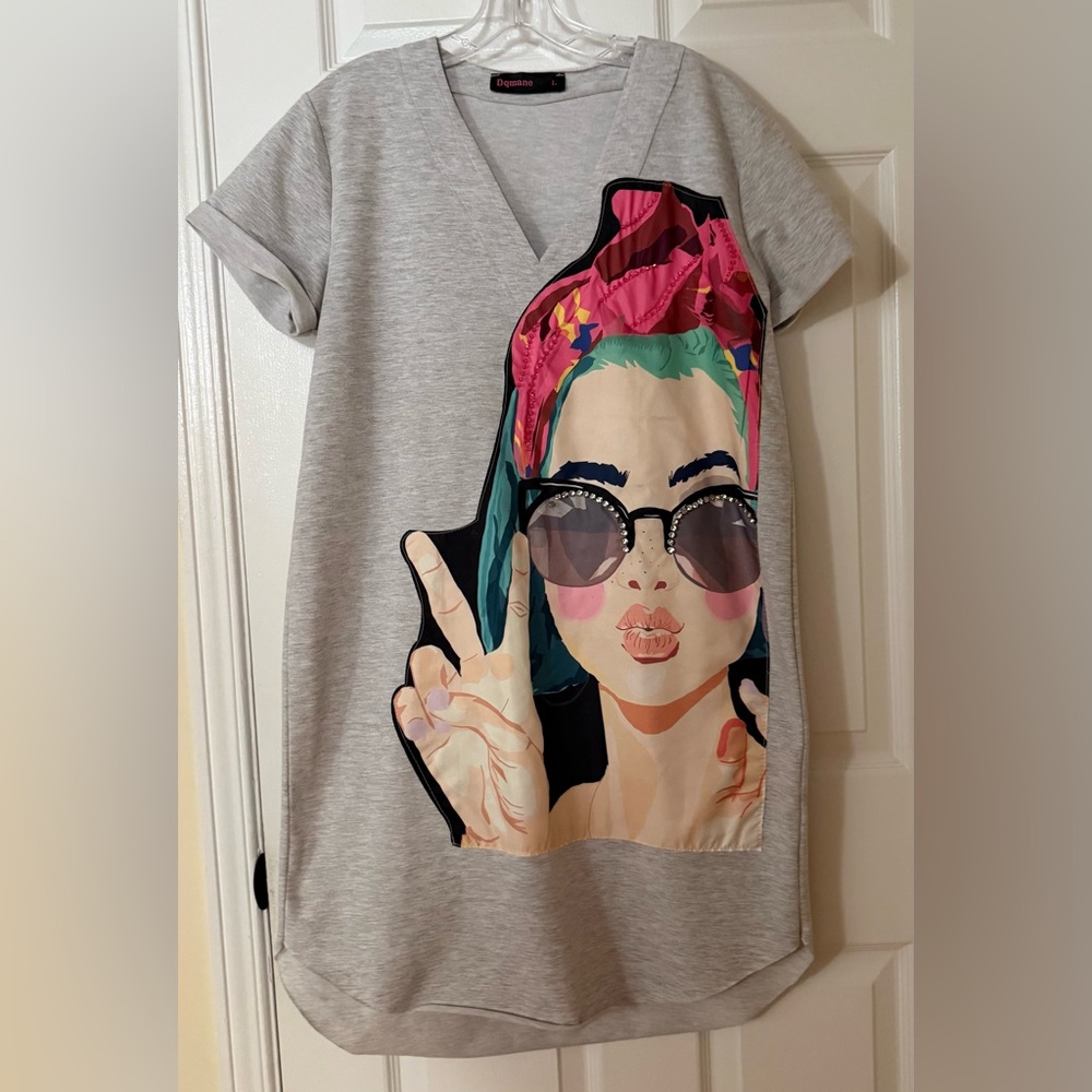 Quacker Factory Graphic Print Gray Midi Dress